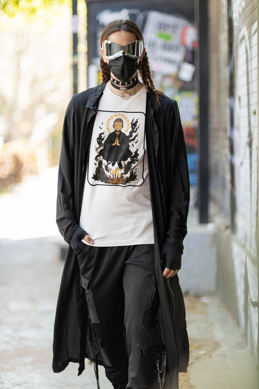 Meditative Monk Surrounded by Ancient Symbols - Unisex T-shirt