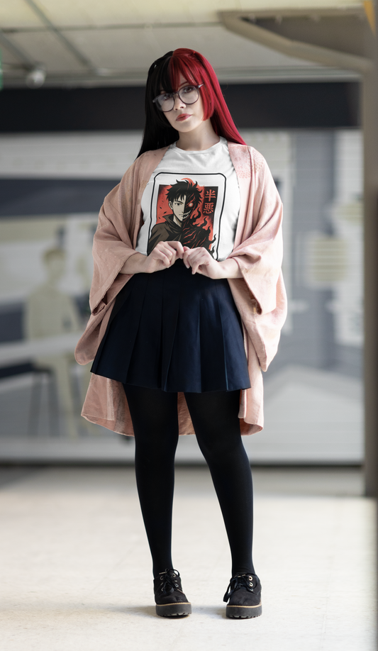 Half Evil Anime Character Fusion Art with Red Flames - Unisex T-shirt