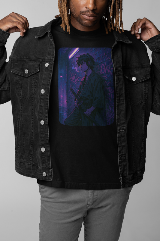 Samurai in Neon Alleyway with Headphones - Unisex T-shirt
