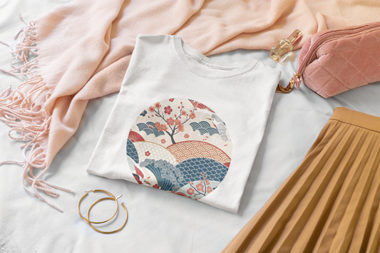 Elegant Japanese Wave and Cherry Blossom Landscape - Unisex T-shirt