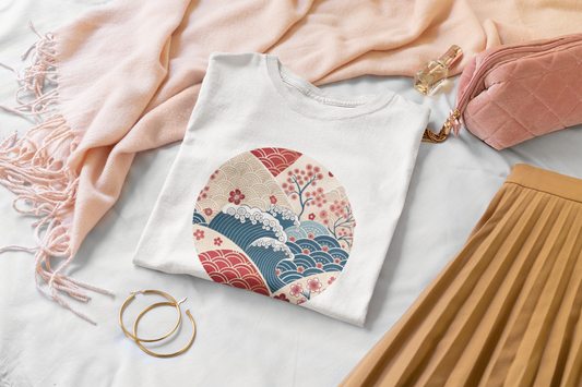 Japanese Wave and Cherry Blossoms Art Landscape - Unisex T-shirt
