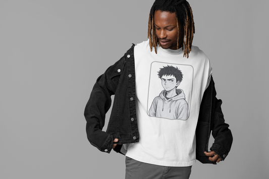 Anime Moody Teen Character in Hoodie Sketch Art - Unisex T-shirt