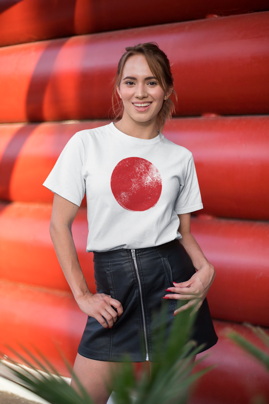 Japanese Red Moon Minimalist Distressed Design - Unisex T-shirt